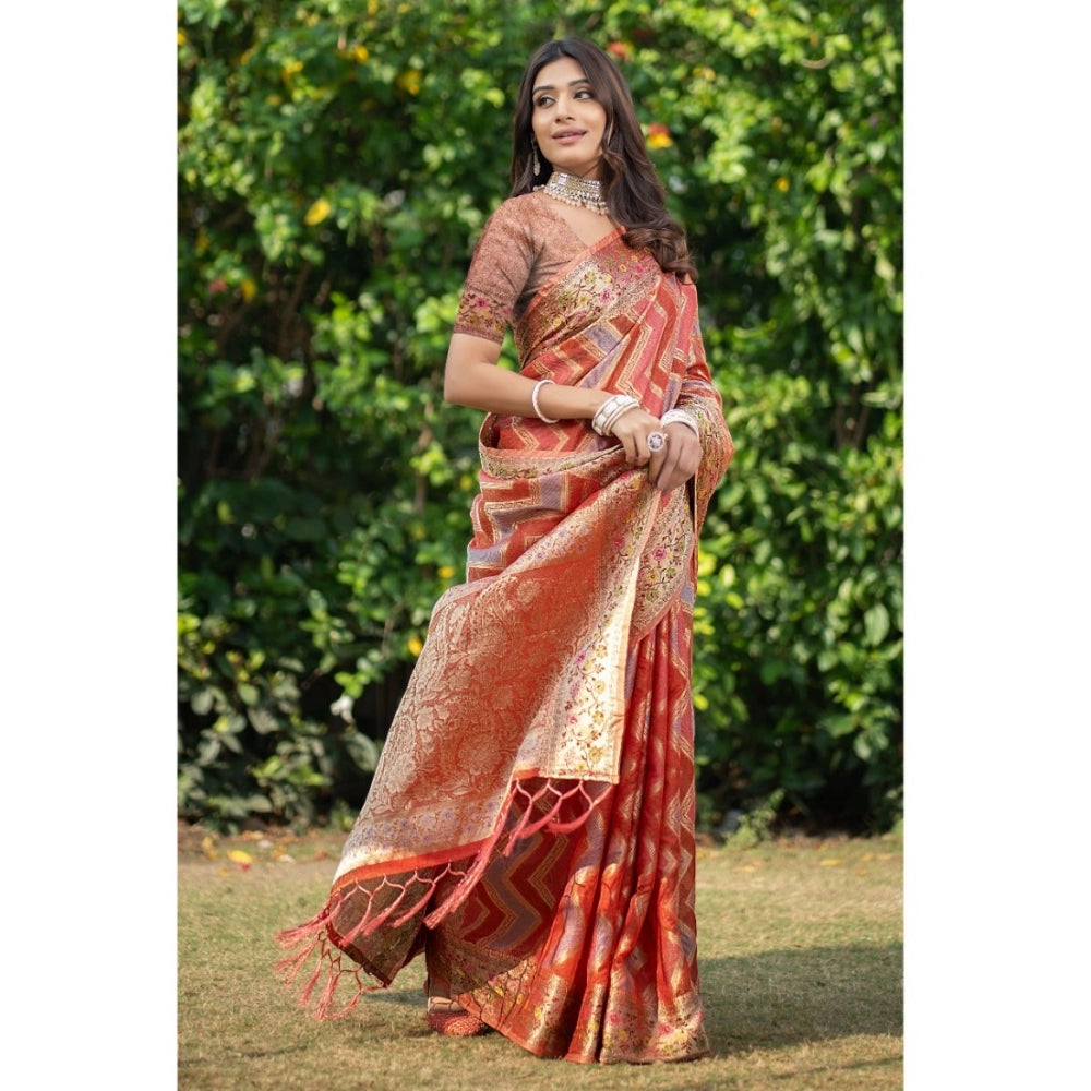 Clasymist Women's Organza Printed Saree With Unstitched Blouse (Orange, 5-6 Mtrs)