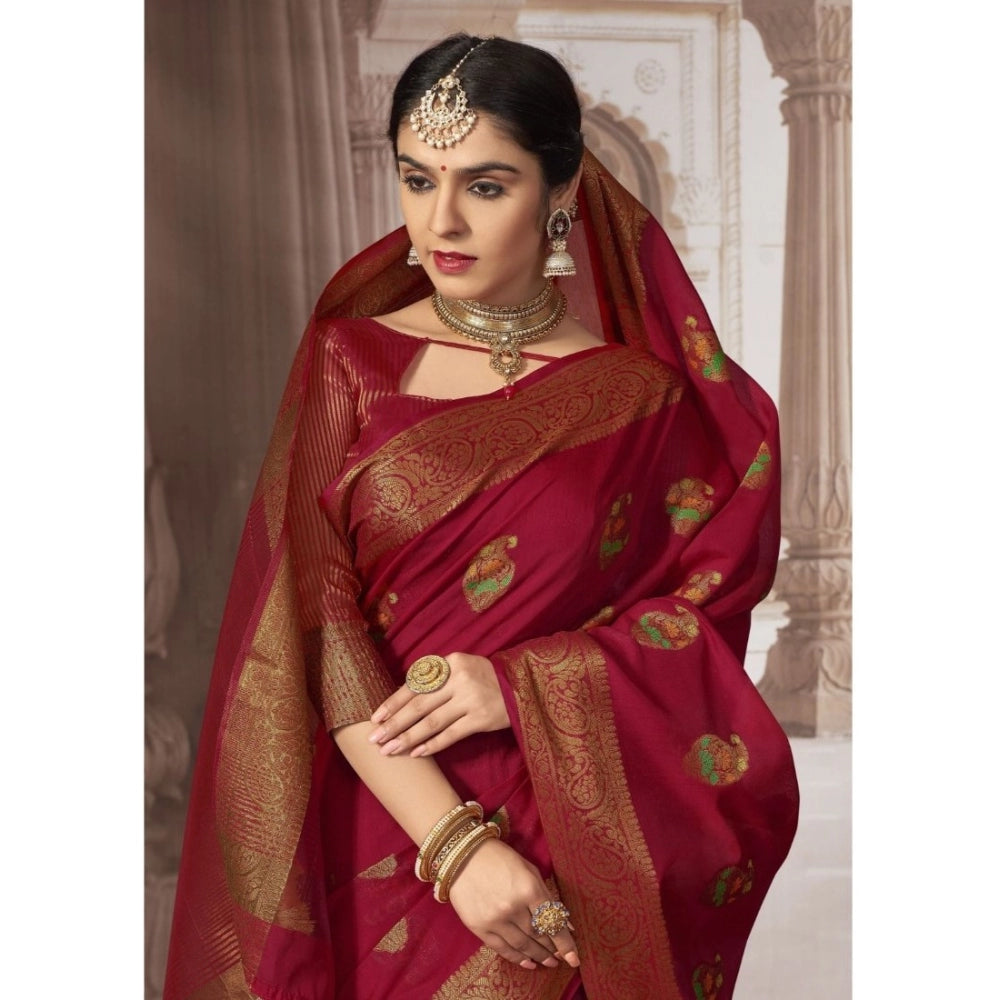 Clasymist Women's Chanderi Cotton Printed Saree With Unstitched Blouse (Red, 5-6 Mtrs)