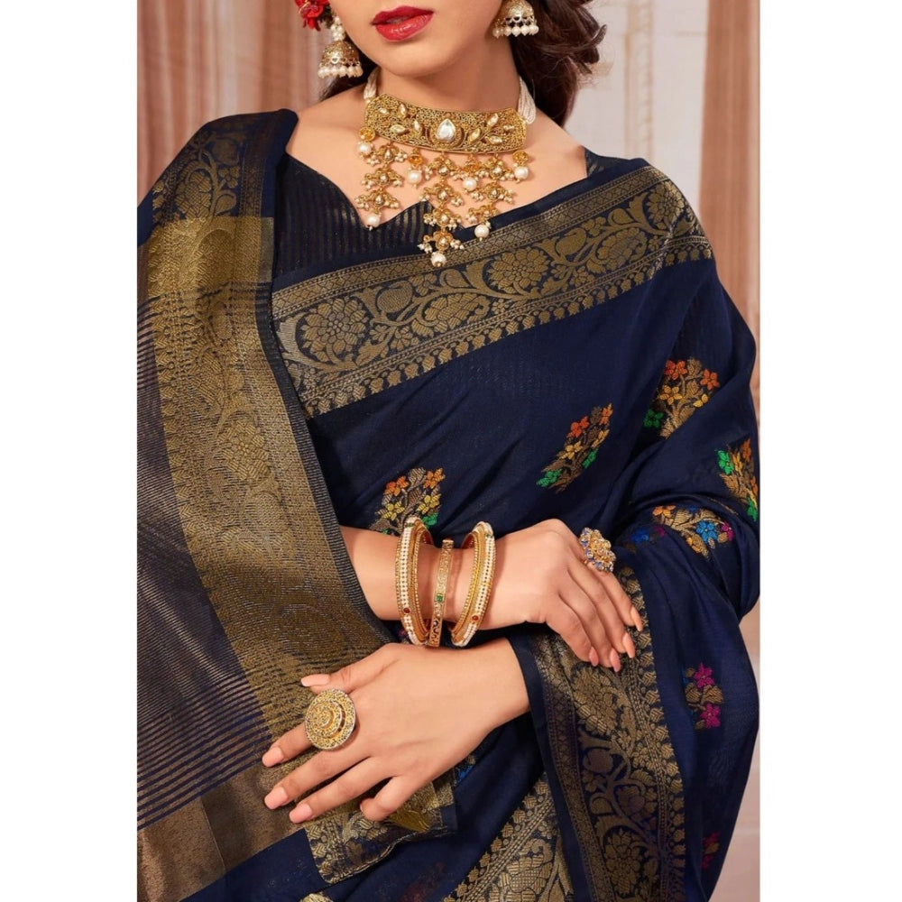 Clasymist Women's Chanderi Cotton Printed Saree With Unstitched Blouse (Navy Blue, 5-6 Mtrs)