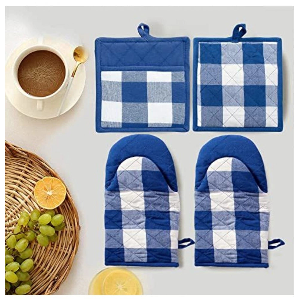 Clasymist Checked Cotton Oven Mitten and Pot Holder Sets (Blue)