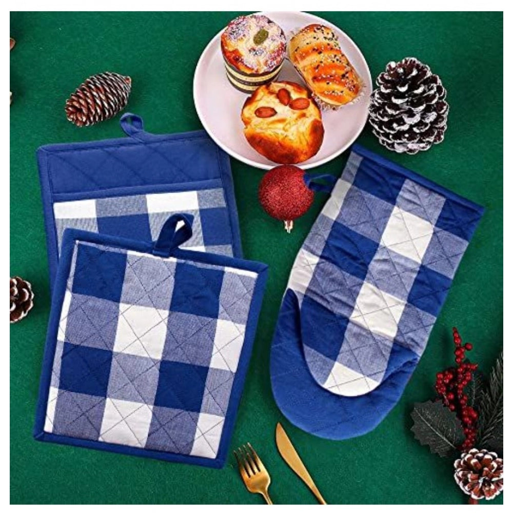 Clasymist Checked Cotton Oven Mitten and Pot Holder Sets (Blue)