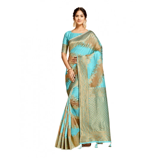 Clasymist Women's Linen Printed Saree With Unstitched Blouse (Sky Blue, 5-6 Mtrs)