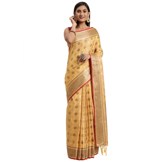 Clasymist Women's Chanderi Cotton Printed Saree With Unstitched Blouse (Yellow, 5-6 Mtrs)