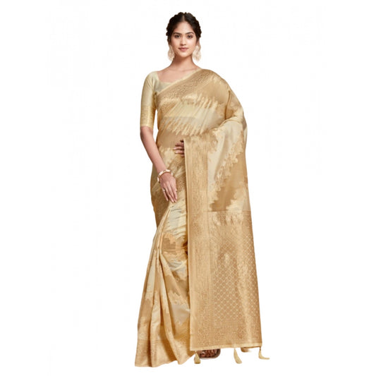 Clasymist Women's Linen Printed Saree With Unstitched Blouse (Beige, 5-6 Mtrs)