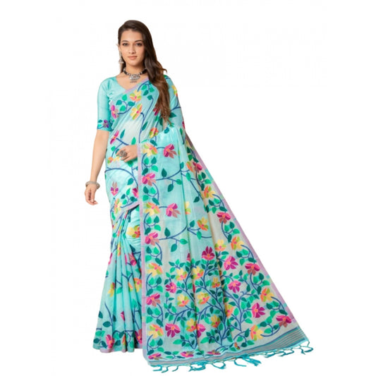 Clasymist Women's Cotton Printed Saree With Unstitched Blouse (Sky Blue, 5-6 Mtrs)