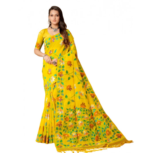 Clasymist Women's Cotton Printed Saree With Unstitched Blouse (Yellow, 5-6 Mtrs)