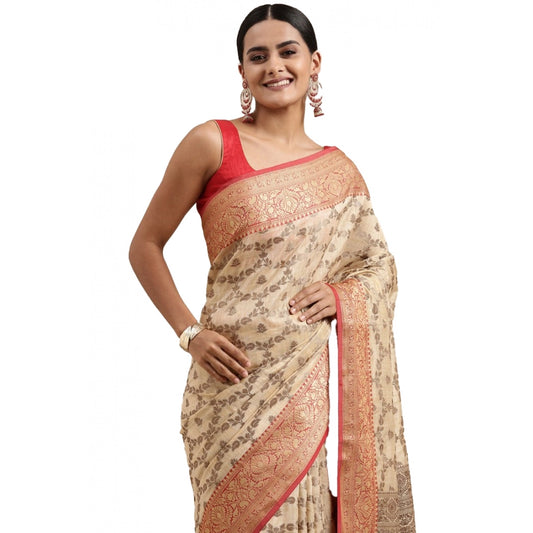 Clasymist Women's Chanderi Cotton Printed Saree With Unstitched Blouse (Beige, 5-6 Mtrs)