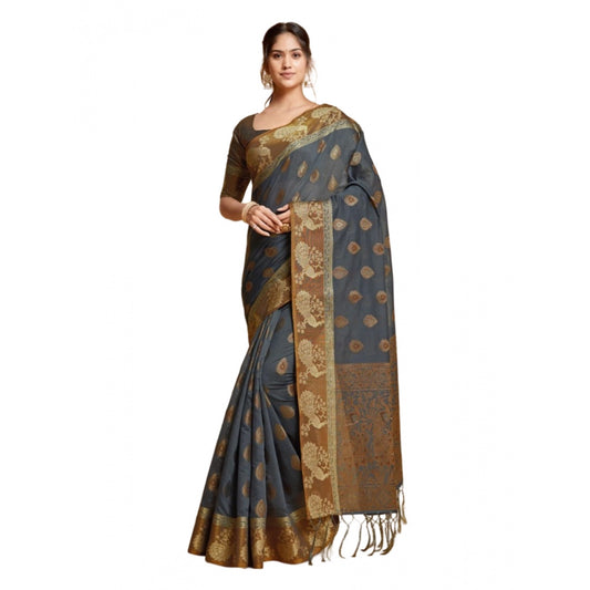 Clasymist Women's Organza Printed Saree With Unstitched Blouse (Grey, 5-6 Mtrs)