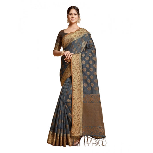 Clasymist Women's Chanderi Cotton Printed Saree With Unstitched Blouse (Grey, 5-6 Mtrs)