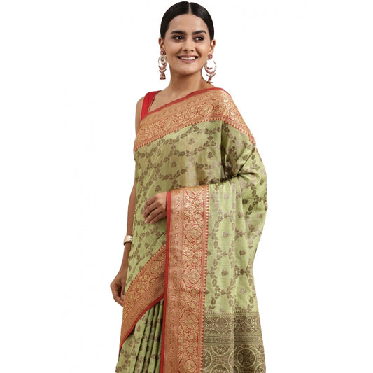 Clasymist Women's Chanderi Cotton Printed Saree With Unstitched Blouse (Pista, 5-6 Mtrs)