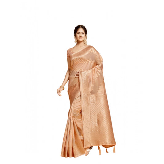 Clasymist Women's Linen Printed Saree With Unstitched Blouse (Peach, 5-6 Mtrs)