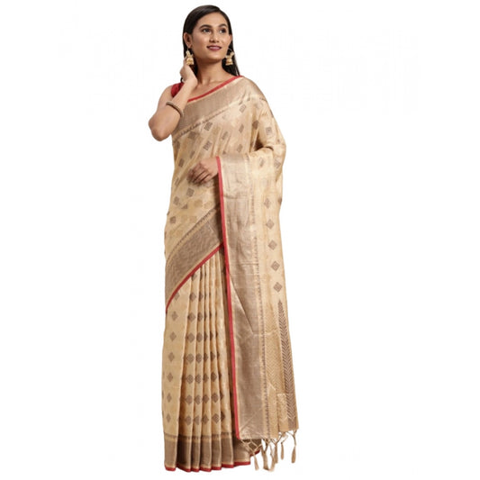 Clasymist Women's Chanderi Cotton Printed Saree With Unstitched Blouse (Beige, 5-6 Mtrs)