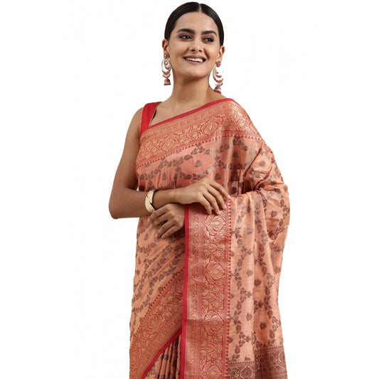 Clasymist Women's Chanderi Cotton Printed Saree With Unstitched Blouse (Peach, 5-6 Mtrs)