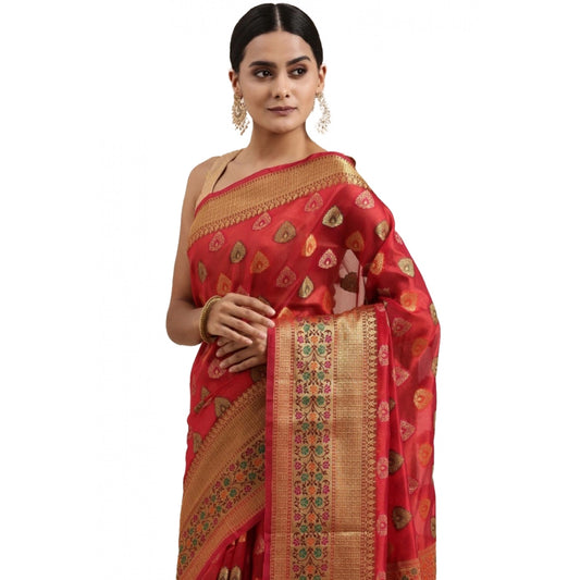 Clasymist Women's Organza Printed Saree With Unstitched Blouse (Red, 5-6 Mtrs)