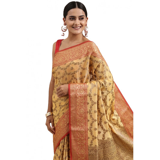 Clasymist Women's Chanderi Cotton Printed Saree With Unstitched Blouse (Yellow, 5-6 Mtrs)