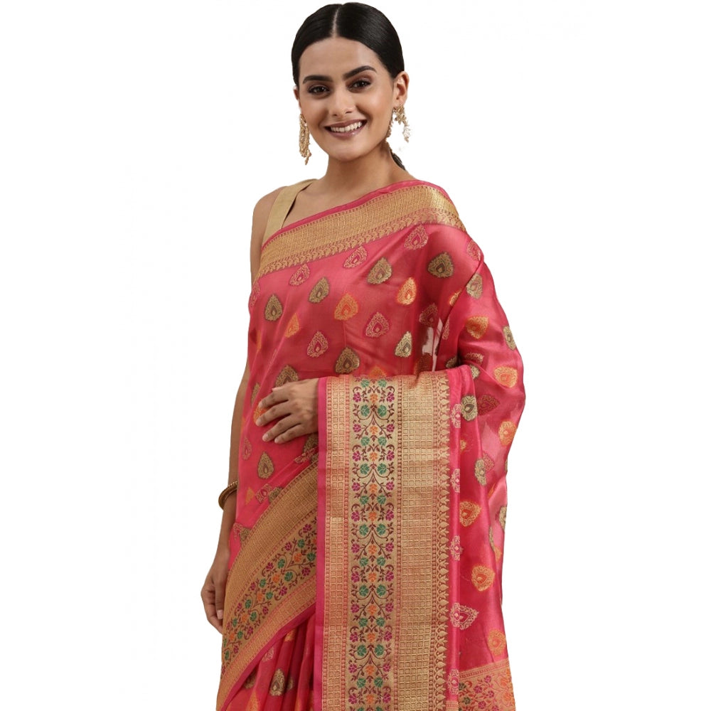 Clasymist Women's Organza Printed Saree With Unstitched Blouse (Pink, 5-6 Mtrs)