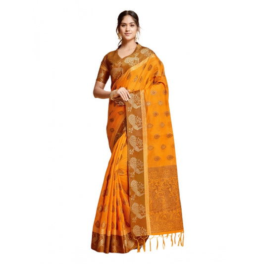 Clasymist Women's Organza Printed Saree With Unstitched Blouse (Mustard, 5-6 Mtrs)