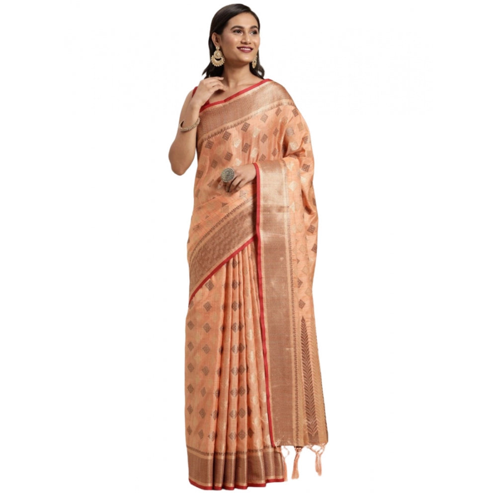 Clasymist Women's Chanderi Cotton Printed Saree With Unstitched Blouse (Orange, 5-6 Mtrs)