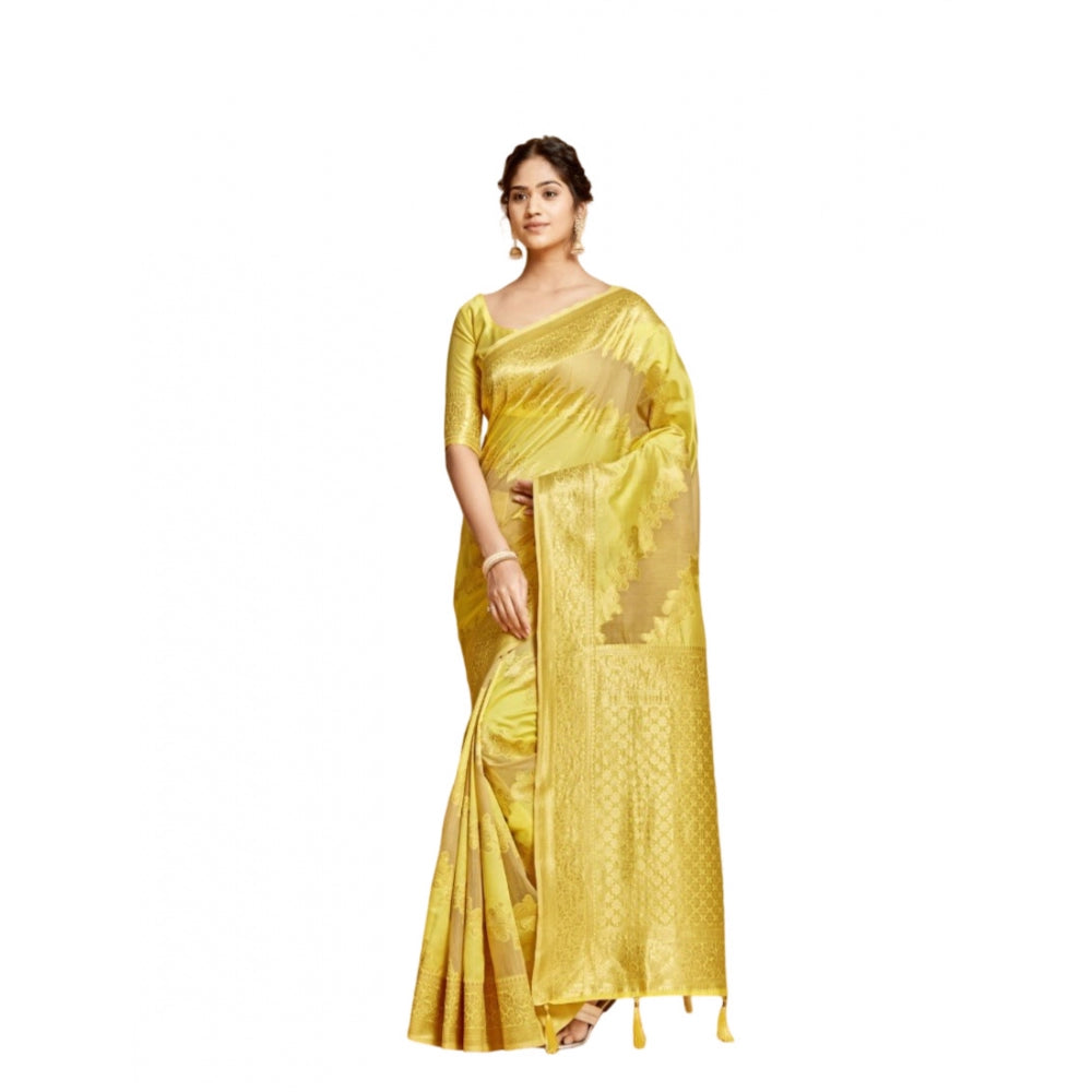 Clasymist Women's Linen Printed Saree With Unstitched Blouse (Yellow, 5-6 Mtrs)