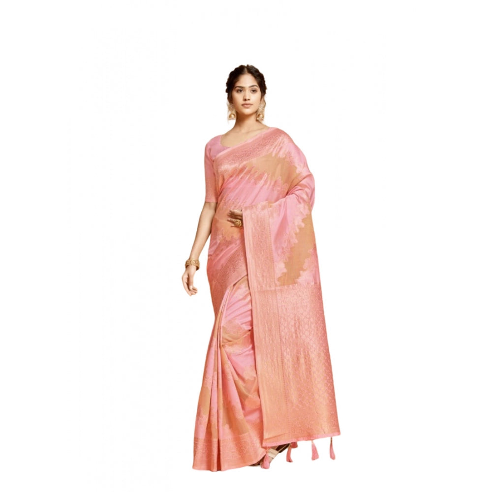 Clasymist Women's Linen Printed Saree With Unstitched Blouse (Pink, 5-6 Mtrs)