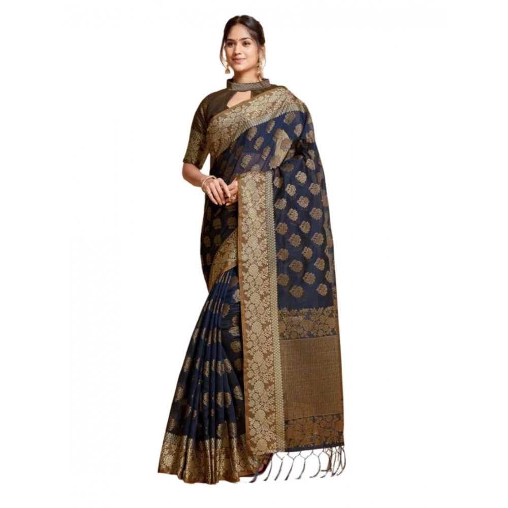 Clasymist Women's Chanderi Cotton Printed Saree With Unstitched Blouse (Navy, 5-6 Mtrs)