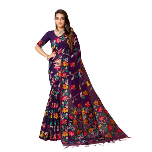 Clasymist Women's Cotton Printed Saree With Unstitched Blouse (Wine, 5-6 Mtrs)