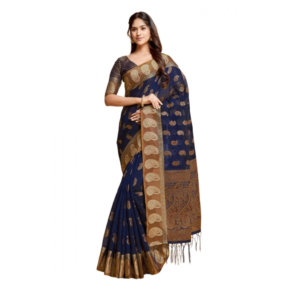 Clasymist Women's Chanderi Cotton Printed Saree With Unstitched Blouse (Navy Blue, 5-6 Mtrs)