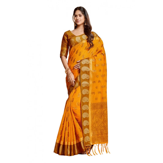 Clasymist Women's Chanderi Cotton Printed Saree With Unstitched Blouse (Mustard, 5-6 Mtrs)