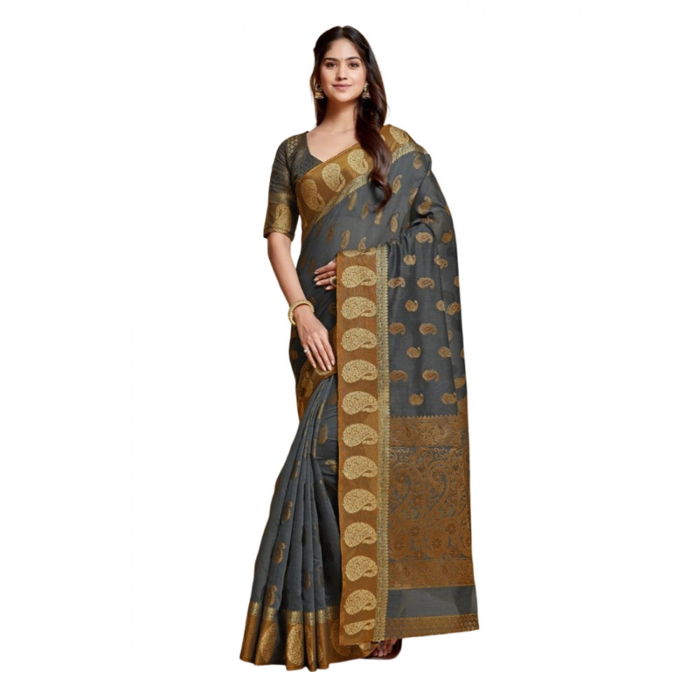 Clasymist Women's Chanderi Cotton Printed Saree With Unstitched Blouse (Grey, 5-6 Mtrs)