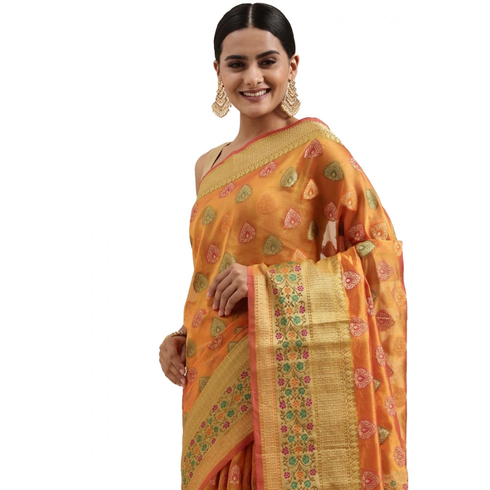 Clasymist Women's Organza Printed Saree With Unstitched Blouse (Mustard, 5-6 Mtrs)