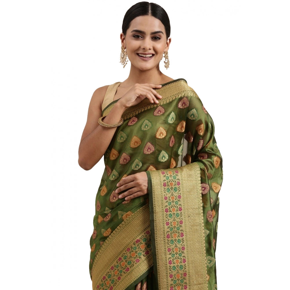 Clasymist Women's Organza Printed Saree With Unstitched Blouse (Mahendi, 5-6 Mtrs)