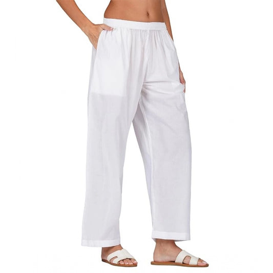 Clasymist Women's Casual Cotton Cambric Solid Elastic Palazzo Trousers (White)