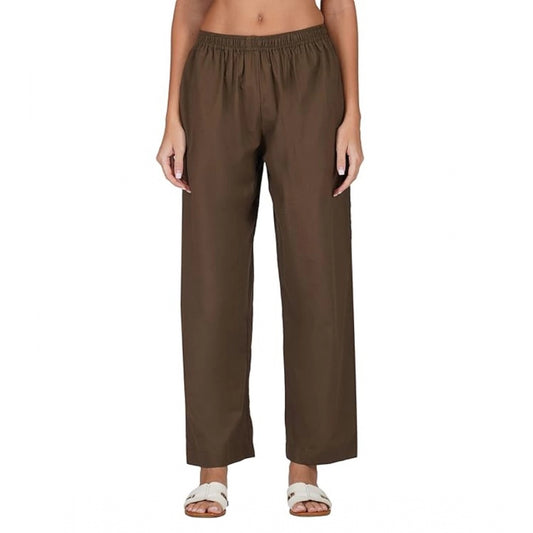 Clasymist Women's Casual Cotton Cambric Solid Elastic Palazzo Trousers (Brown)