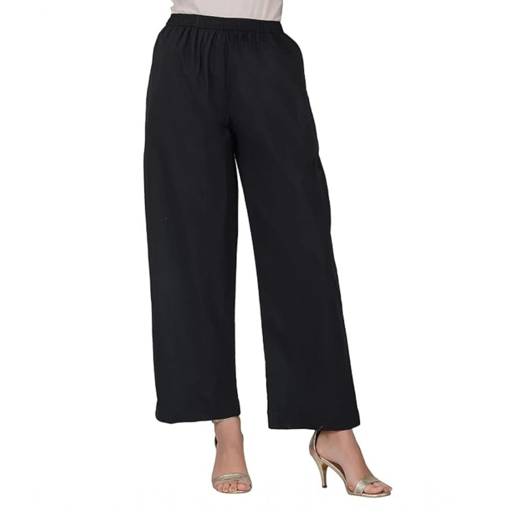 Clasymist Women's Casual Cotton Cambric Solid Elastic Palazzo Trousers (Black)