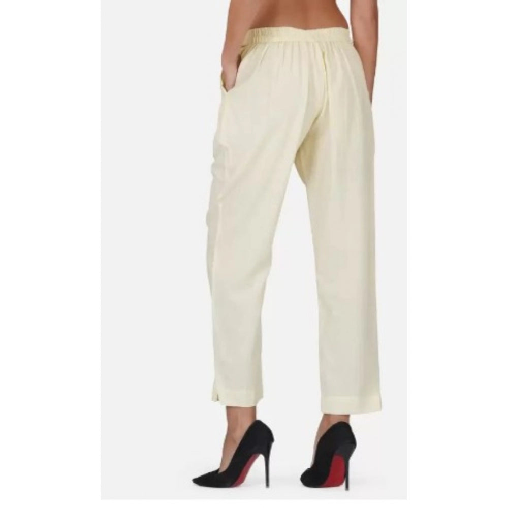 Clasymist Women's Casual Cotton Flax Solid Adjustable Waist Trouser Pants (Cream)