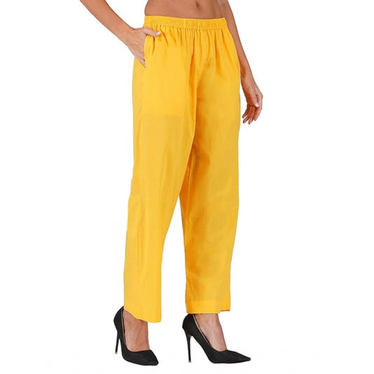 Clasymist Women's Casual Cotton Cambric Solid Elastic Palazzo Trousers (Yellow)