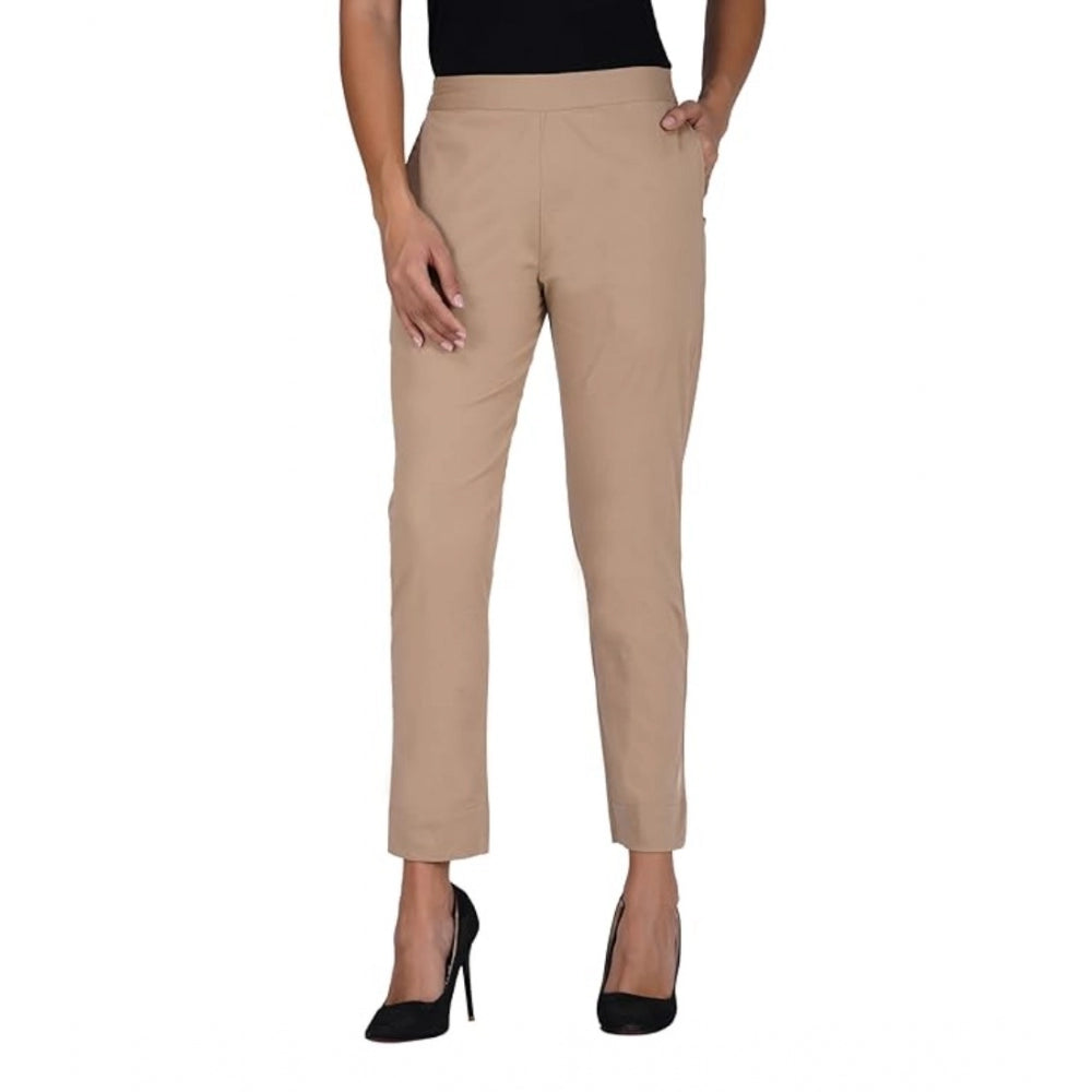 Clasymist Women's Casual Cotton Lycra Solid Trouser Pants (Beige)