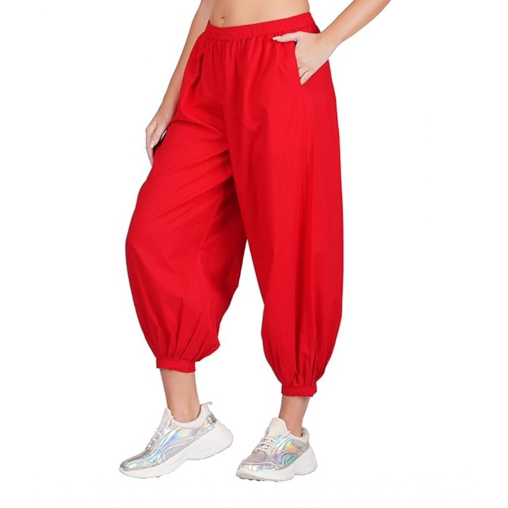 Clasymist Women's Casual Cotton Cambric Solid Elastic Waist Patiala Harem Pants (Red)