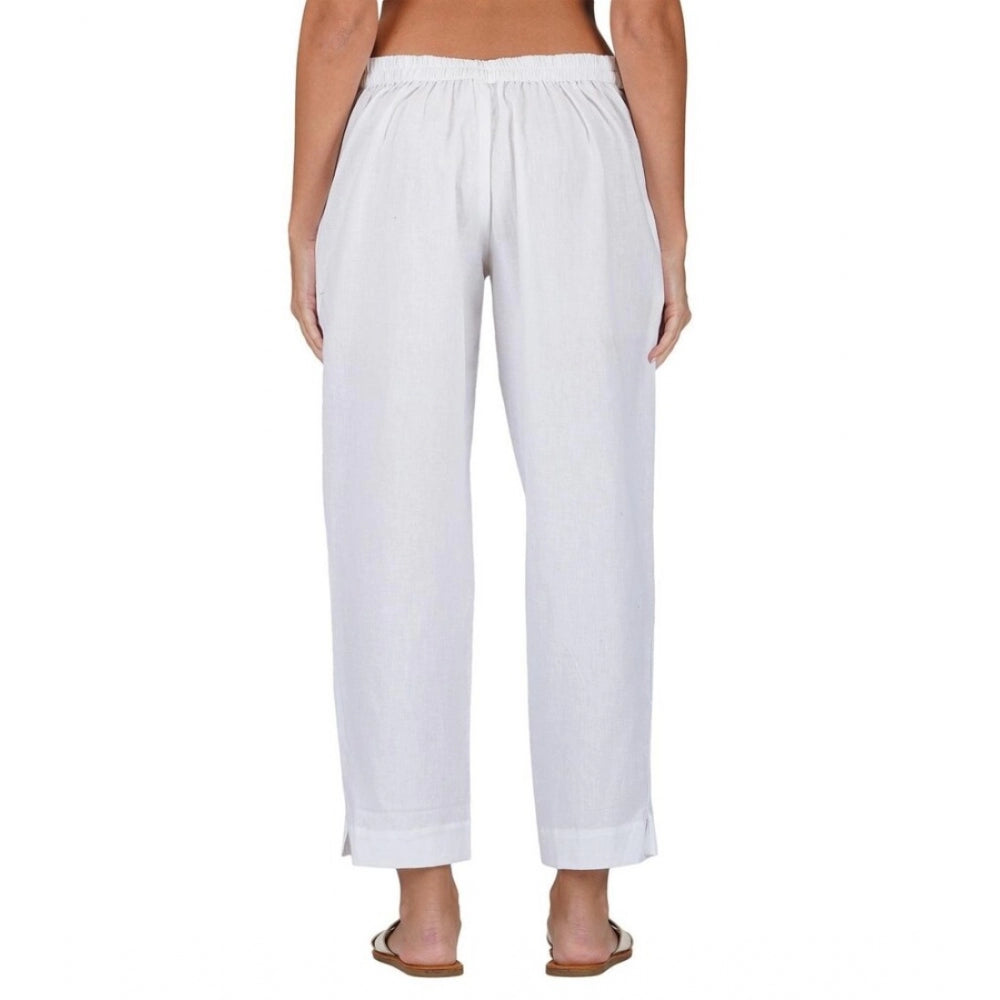 Clasymist Women's Casual Cotton Flax Solid Adjustable Waist Trouser Pants (White)