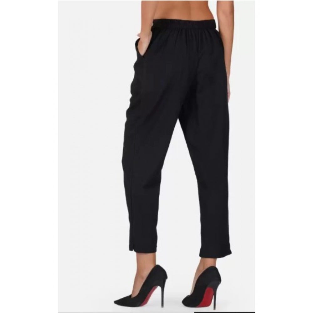 Clasymist Women's Casual Cotton Flax Solid Adjustable Waist Trouser Pants (Black)