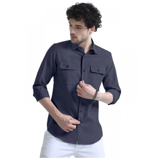 Clasymist Men's Casual Short Sleeve Striped Cotton Blended Shirt (Dark Grey)