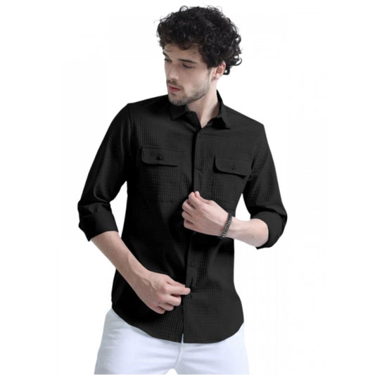 Clasymist Men's Casual Short Sleeve Striped Cotton Blended Shirt (Black)