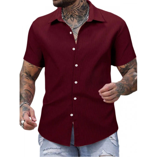 Clasymist Men's Casual Short Sleeve Striped Cotton Blended Shirt (Maroon)