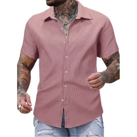 Clasymist Men's Casual Short Sleeve Striped Cotton Blended Shirt (Pink)