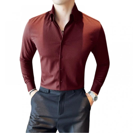 Clasymist Men's Casual Full Sleeve Striped Cotton Blended Shirt (Maroon)