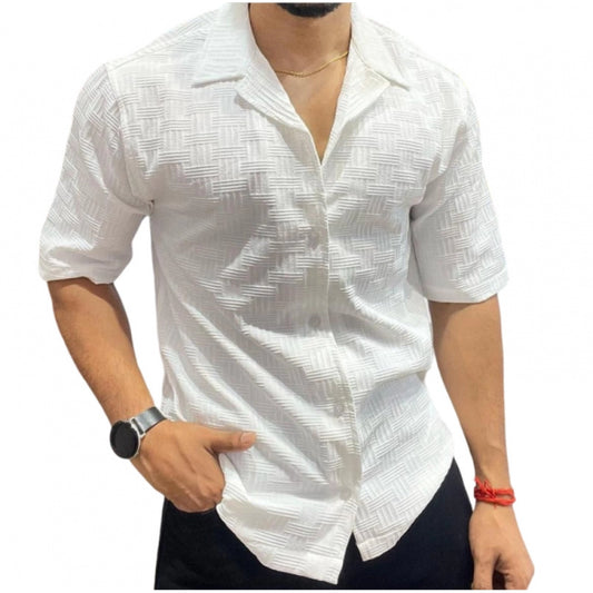 Clasymist Men's Casual Full Sleeve Strip Line Cotton Blended Shirt (White)