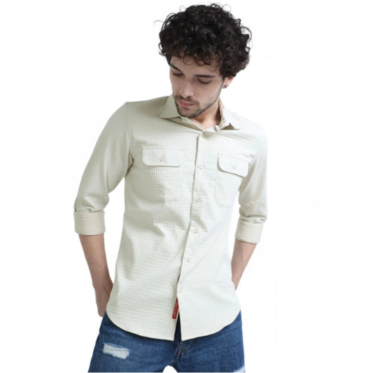 Clasymist Men's Casual Full Sleeve Striped Cotton Blended Shirt (Cream)