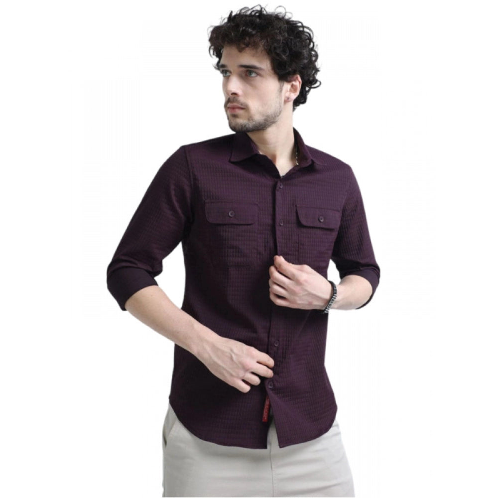 Clasymist Men's Casual Short Sleeve Striped Cotton Blended Shirt (Maroon)