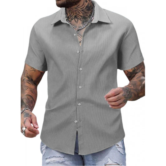 Clasymist Men's Casual Short Sleeve Striped Cotton Blended Shirt (Grey)