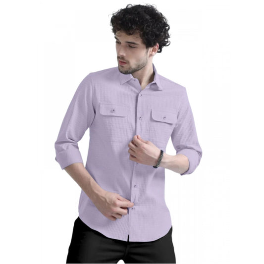 Clasymist Men's Casual Short Sleeve Striped Cotton Blended Shirt (Purple)